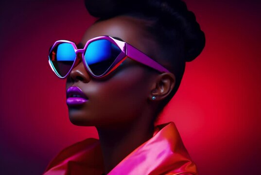 Stylish young woman poses confidently against a vivid red background, accentuated by colorful reflective sunglasses and bold purple lipstick, exuding a modern and trendy vibe
