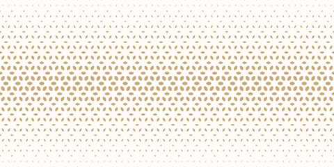 Vector halftone seamless pattern. Gold and white texture with gradient transition effect. Golden luxury geometric background with floral shapes, falling petals, mesh. Abstract repeated geo design
