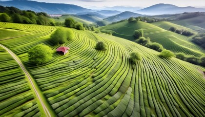 Tea field green plantation agriculture background top leaf farm landscape pattern drone. Organic field mountain green plant tea table view wooden product aerial display farmer wood fresh harvest land  - Powered by Adobe