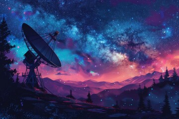 Radio telescope at starry night. Antenna for of space signals research. Space observatory 