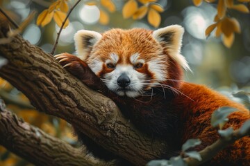 Endangered red panda perches on a forest tree branch, its natural habitat. Adorable, with a...