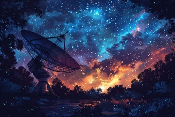 Radio telescope at starry night. Antenna for of space signals research. Space observatory 