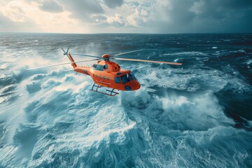Fototapeta premium Emergency rescue helicopter conducts search and rescue operation over the sea surface, scouring for victims following a crash.
