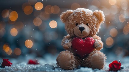 An adorable teddy bear holding a red rose and a Valentine's heart, depicting the concept of love and Valentine's day, created with machine learning