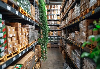 Fototapeta premium Spacious warehouse interior with high shelves stocked with various boxes
