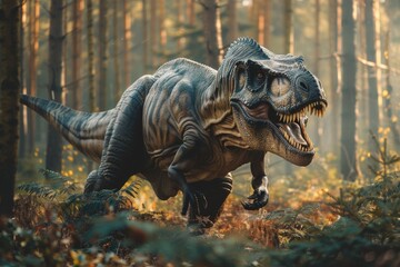 Fototapeta premium Tyrannosaurus walking in prehistoric forest. Angry dinosaur in natural habitat 