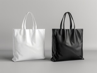 White and black tote bags mockup on a grey background. Bag mockup