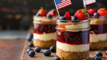 Patriotic American Flag-Topped Cheesecake Jars for Fourth of July Celebration