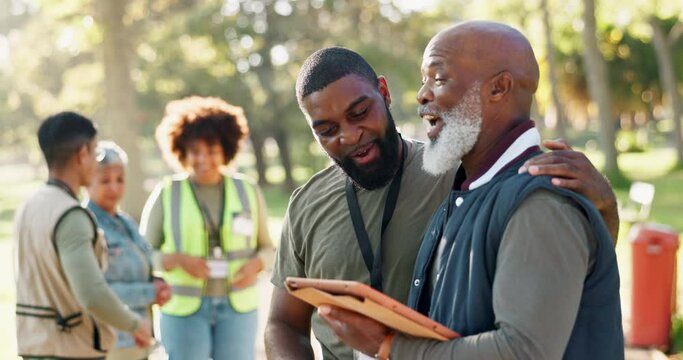 Park, people or volunteers talking with tablet for support, community project or plastic for nature sustainability. Humanitarian, recycling or senior leader in charity service or NGO for pollution
