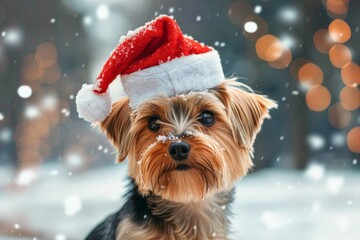 Yorkshire Terrier breed dog wearing festive red Santa hat posing outdoor in snowy park decorated for holidays . Christmas celebration. Bright warm colours
