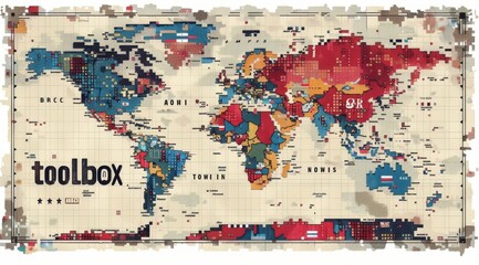 Detailed world map with colorful national flags and digital effects on a grid