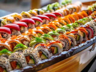 Vibrant sushi rolls displayed artistically on a sushi boat, a beautiful and delicious meal.