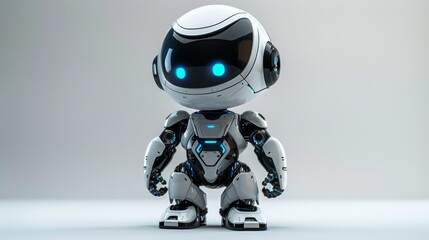 This cute robot has a 65 percent screen on a white background. It represents technology. 3D rendering.