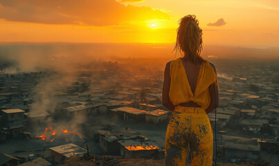 Woman Standing on Building at Sunset.