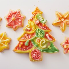 Christmas background with gingerbread in the shape of a Christmas tree and stars