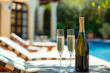 Sparkling wine in glasses and bottle against the backdrop of the pool and lounge area