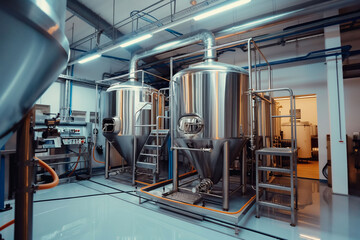 Rows of stainless steel tanks in a modern dairy factory. hygiene and efficiency, advanced machinery and industrial design. dairy production, food technology, and industrial processes.