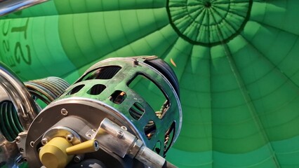 Burner Heating Hot Air Balloon With Flame During Flight. Closeup