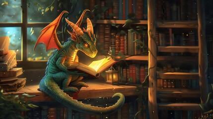 A whimsical illustration of a small dragon reading a glowing book in a cozy, enchanted library filled with ancient books and warm lighting.