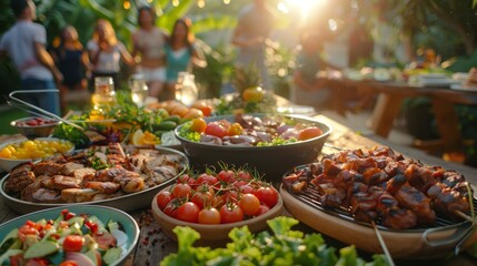 Summertime outdoor barbecue with a variety of grilled foods on a rustic table