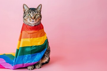 Cute tabby cat with LGBT flag on pink background. Striped cat in rainbow flag. Gay pride pet. Pride Month, Pride Day in June. Diversity, freedom and pride LGBT people. Creative and humor banner