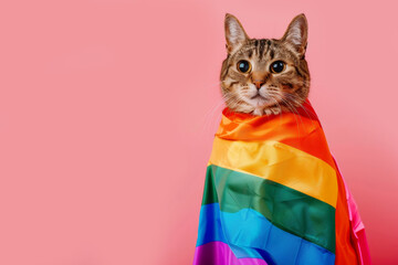Cute tabby cat with LGBT flag on pink background. Striped cat in rainbow flag. Gay pride pet. Pride Month, Pride Day in June. Diversity, freedom and pride LGBT people. Creative and humor banner