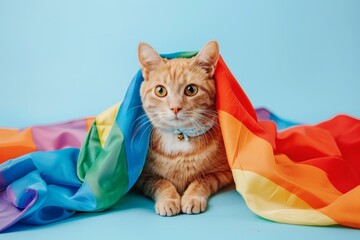 Cute cat with LGBT flag on blue background. Ginger tabby cat under rainbow flag. Gay pride pet. Pride Month, Pride Day in June. Diversity, freedom and pride LGBT people. Creative and humor banner