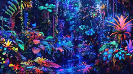 Psychedelic digital painting of a rainforest, flora and fauna blending and morphing into fractal patterns, vivid neon colors, optical illusions realistic