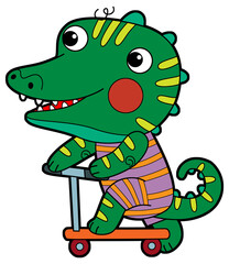 cartoon scene with happy funny dinosaur  dino lizard dragon kid  child having fun playing kindergarten isolated background illustration