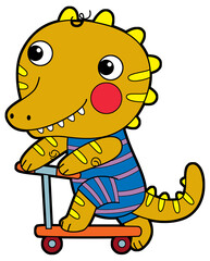 cartoon scene with happy funny dinosaur  dino lizard dragon kid  child having fun playing kindergarten isolated background illustration