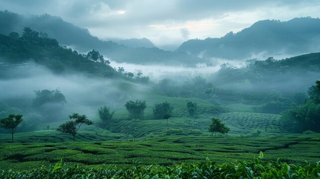 tea plantation agriculture, tea growers nurturing their crops amidst the serene morning mist, with a lush plantation in the backdrop