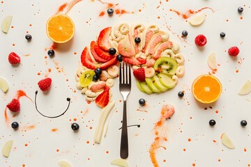Creative Brain Shaped from Food with Fork and Fruits