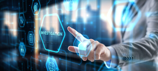 Investigation Business concept. Man presses investigations button on a virtual screen