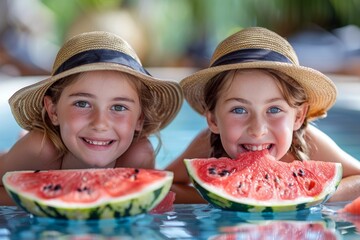 Two happy kids eating watermelon by the pool on a summer day