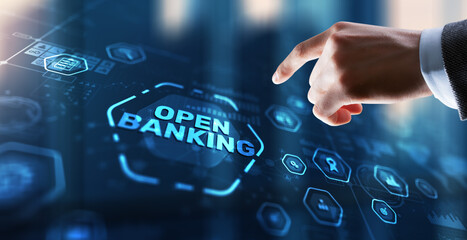 Businessman is touching hologram open banking. Technology Finance concept
