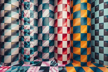 A close-up of a room with a checkered floor and a wall