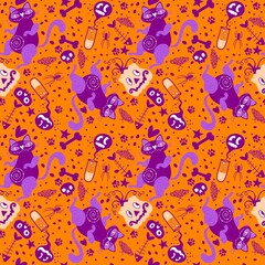 Halloween animals seamless cats and pumpkins pattern for wrapping paper