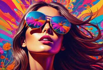 Illustration of a long haired girl in sunglasses on an colored background