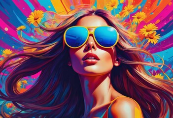 Illustration of a long haired girl in sunglasses on an colored background