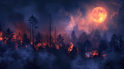 Realistic haunted forest creepy landscape at night dark forest fire , Illustration of night forest alight with bright moon in clouds realistic