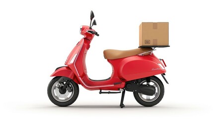 red scooter with a box isolated on white background. motorcycle delivery realistic