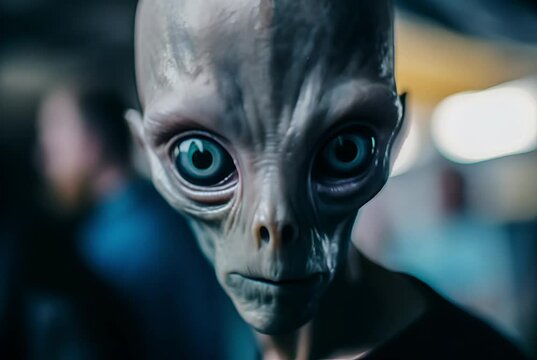 Close-up of an alien visitor with large, captivating eyes exuding an air of mystery and intelligence, set against a blurred background suggestive of a secretive encounter