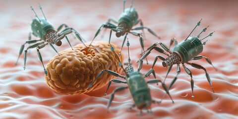 Highly detailed micrograph of dust mites on human skin illustrating the intricate texture and interaction with cells and fibers.