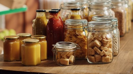 Close up on bulk food items in reusable glass jars used by environmentally friendly supermarket to...