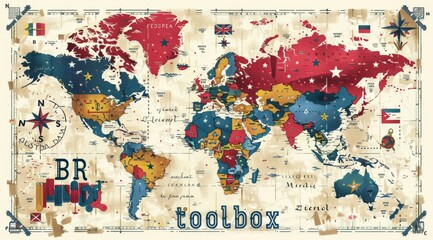 Artistic world map overlaid with national flags in a vintage, distressed design