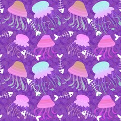 Cartoon sea animals seamless jellyfish pattern for summer print and fabrics