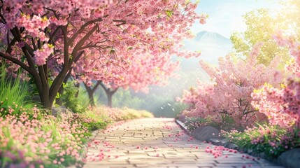 Sakura, Cherry blossoms flower, Garden walkway with beautiful pink sakura full blooming branch tree background with sunny day in spring season realistic