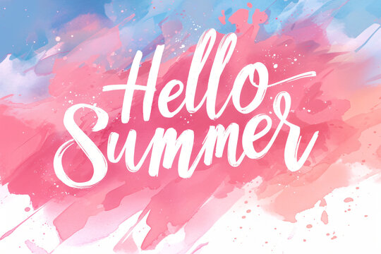 Hello summer text on beautiful blue sunset or sunrise sky with pink clouds. Summertime. Calligraphy lettering. Travel and vacation concept. Illustration for greeting card or banner, summer sale