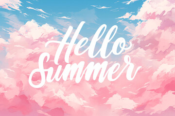 Hello summer text on beautiful blue sunset or sunrise sky with pink clouds. Summertime. Calligraphy lettering. Travel and vacation concept. Illustration for greeting card or banner, summer sale
