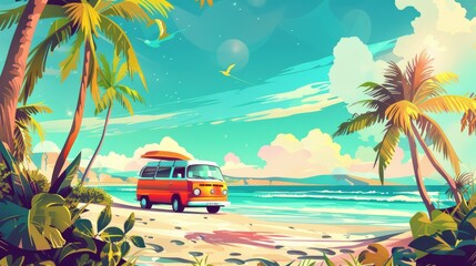 A vintage orange bus is parked on the beach next to palm trees. The landscape is serene and peaceful, with the ocean in the background and palm trees creating a tropical atmosphere